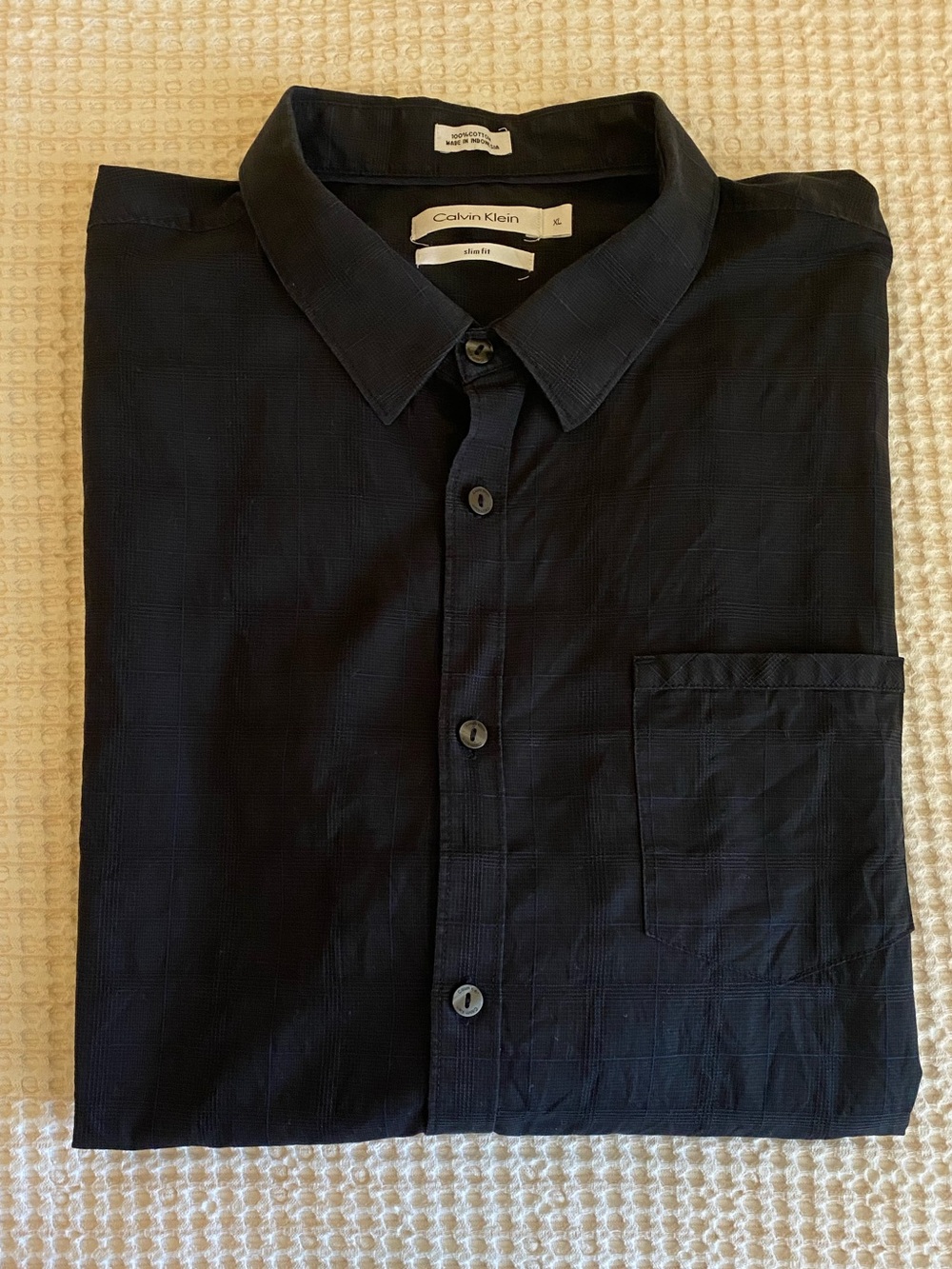 CK Men’s 100% Cotton Slim Fit Button Down Shirt in Black & Blue Grid - XL